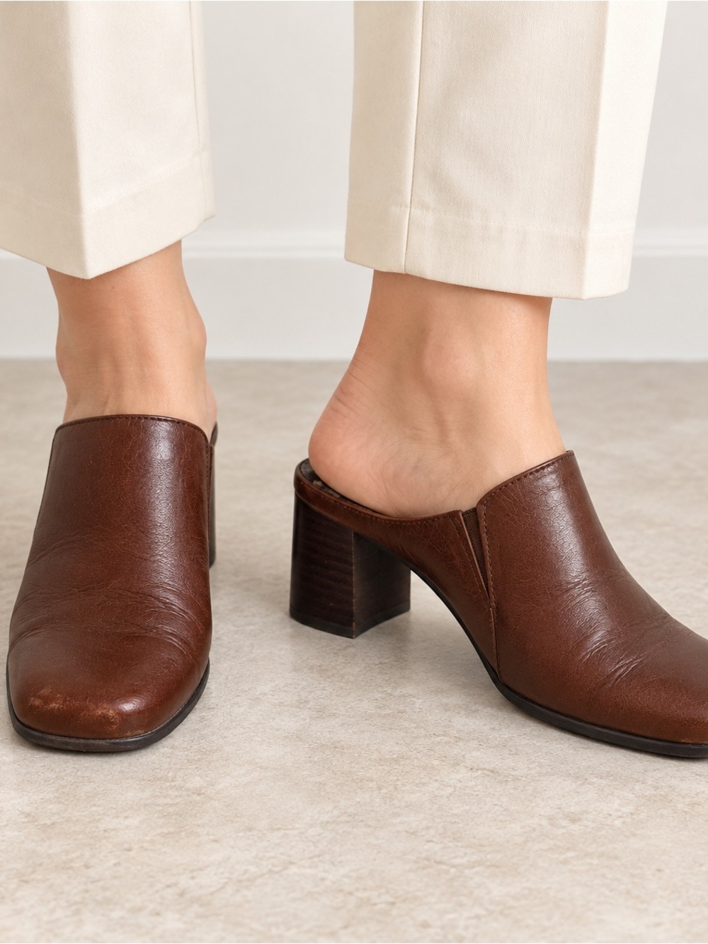St. John’s Bay Brown Leather Square Toe Block Heel Mules — Flawed